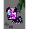 2 Girls Cute Set Fluorescent 3D Cute Unicorn Print Short Sleeve Shirt and Shorts Comfortable Cute Princess Style Set As A Gift