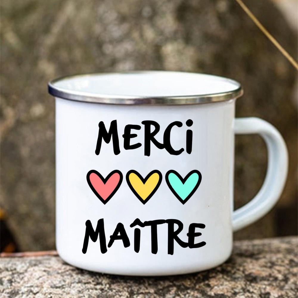 Merci Maitre Printed Mug Creative Coffee Tea Cups Drinks Water Cup Enamel Mugs School Home Retro Handle Drinkware Teacher Gifts