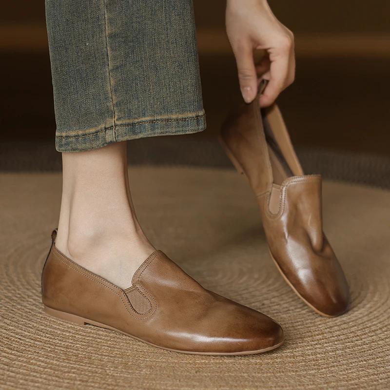 Fashion 2025 Spring Women Shoes Round Toe Chunky Heel Women Flats Women Shoes Genuine Leather Retro Loafers Ladies Shoes