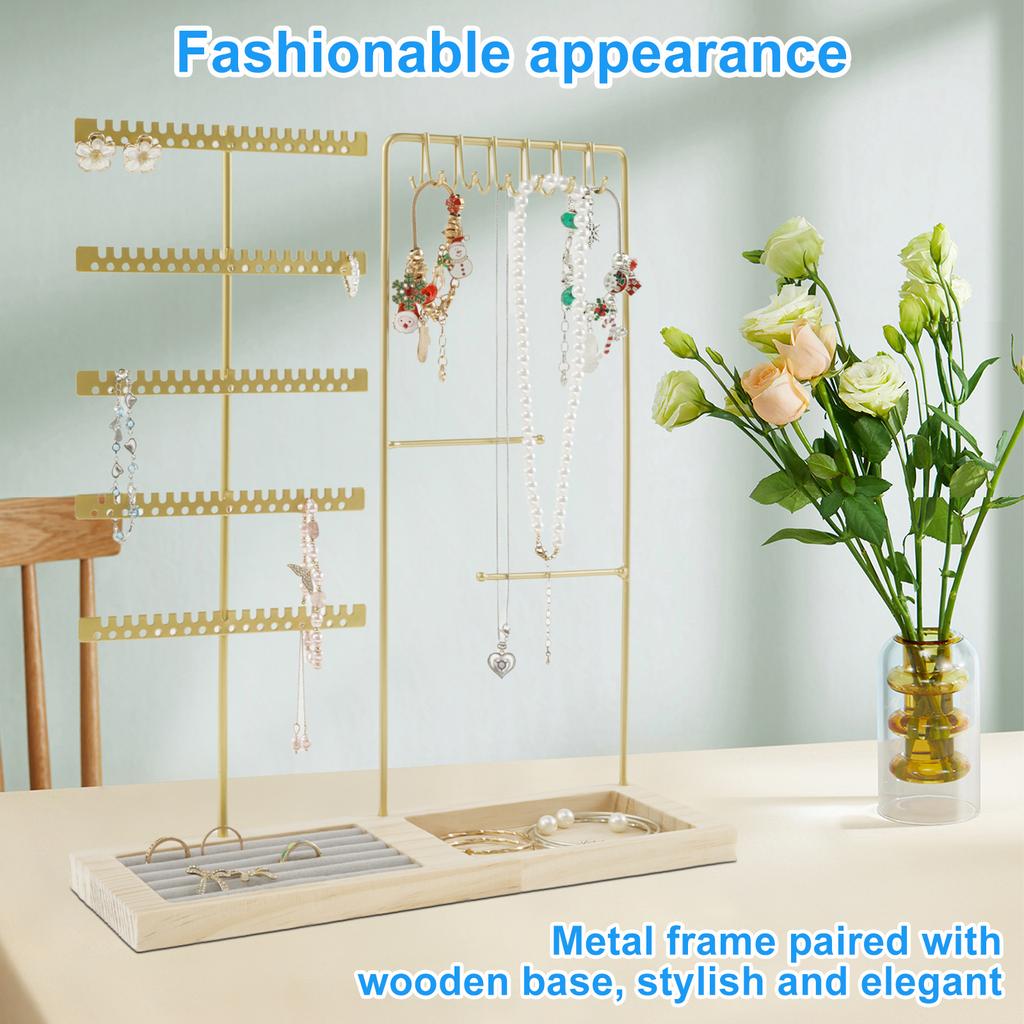 5-Tiers Earring Display Holder Stand Metal Necklace Bracelet Anklet Stud Earring Jewelry Storage Organizer Wooden Base Stand