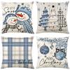 Blue Christmas Pillow Cover Polyester Plaid Print Snowman Decoration Sofa Pillow Cover Home Cushion Cover