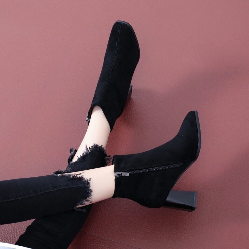 Heeled Ankle Boots for Women Autumn Winter Fleece-Lined Booties Trend 2025 Black Woman Short Shoes On Offer Large Size Warm Boot