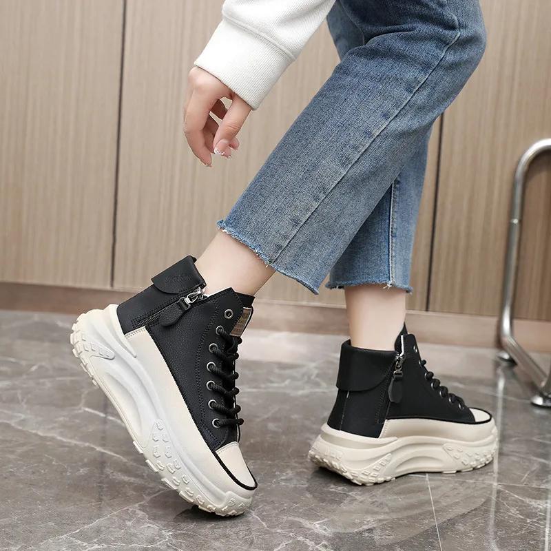 2025 Autumn Chunky High-top WOMEN'S Sneakers Leather Breathable Platform Vulcanized Shoes Women's Casualot Shoes Fashion