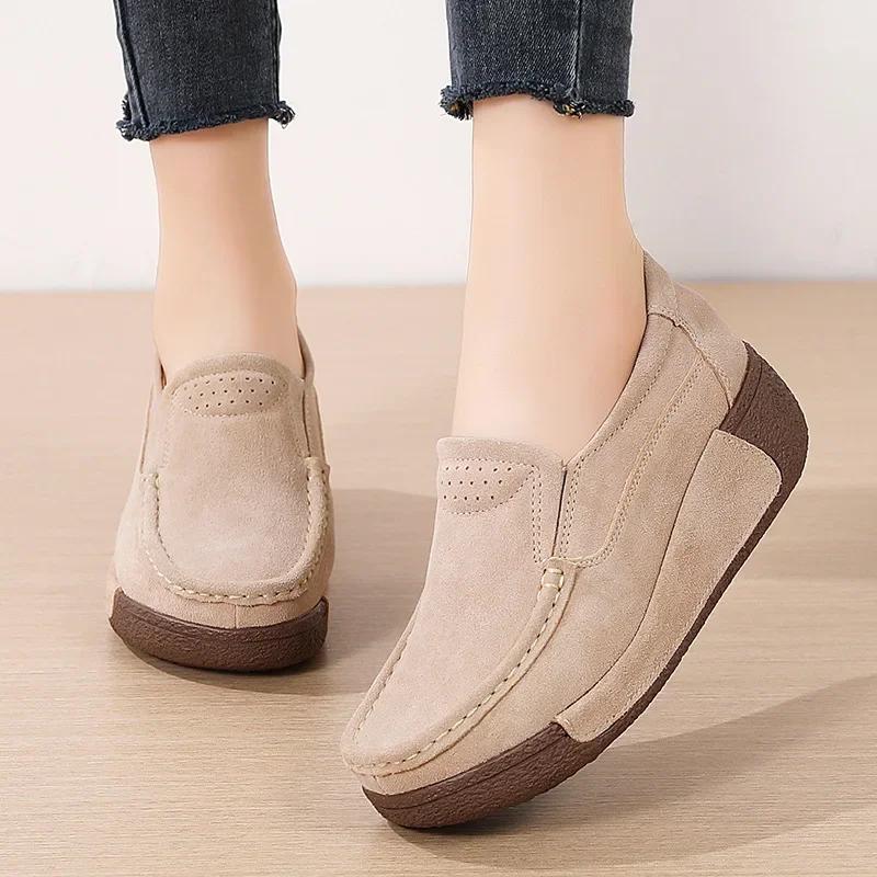 Fashion New Spring Autumn Women Loafers Flats Ladies Genuine Leather Moccasins Fall Slip-on Casual Round Toe Handmade Platform Shoes