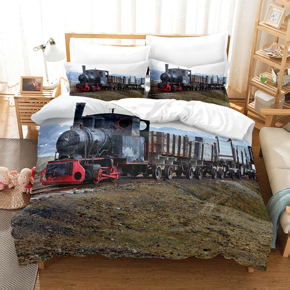 Steam Engine Duvet Cover Set Locomotive Green Black Train On Steel Railway Track Travel Adventure Graphic Print King Queen Size