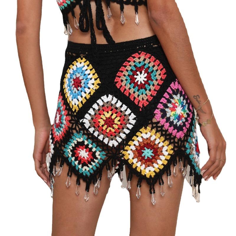 Plus Size Women's Beach Skirt Ethnic Random Mixed Colour Patchwork Pure Hand Hooked Tie Half Skirt