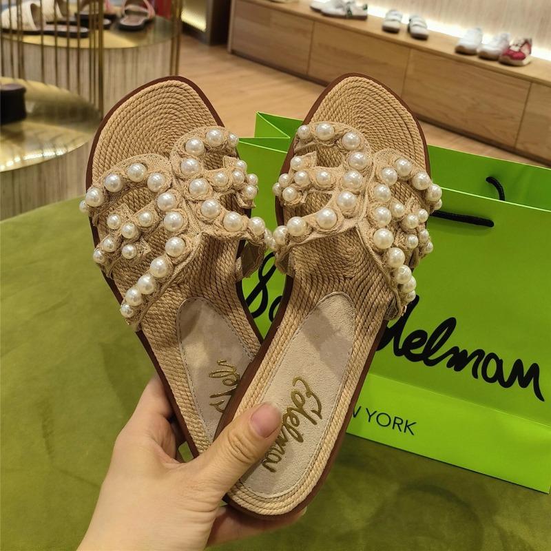 Yu Shuxin Pearl Straw-woven Flat-bottomed Slippers Women's Summer Wear High-end Beach One-word Cool Slippers