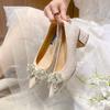 Thick Heel Sexy Shallow Mouth Wedding Shoes Rhinestone Bow Versatile Single Shoes Women's 2025 Spring and Summer New Pointed Middle Heel Shoes
