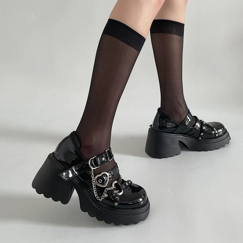 Chain Platform Mary Janes Women  Heart-Shaped Buckle Punk Gothic Shoes Woman Patent Leather Thick High Heels Lolita Shoes