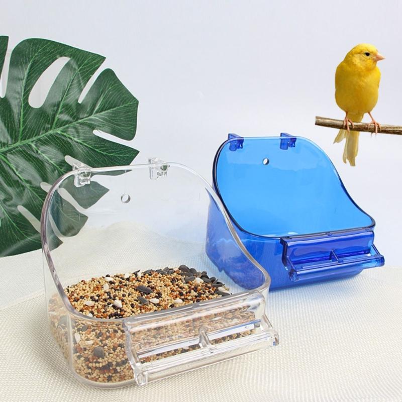 Transparent Bird Food Tray Bath Box Parakeet Caged Bird Bathing Tub with Standing Perch for Small Birds Canary Budgies Parrots
