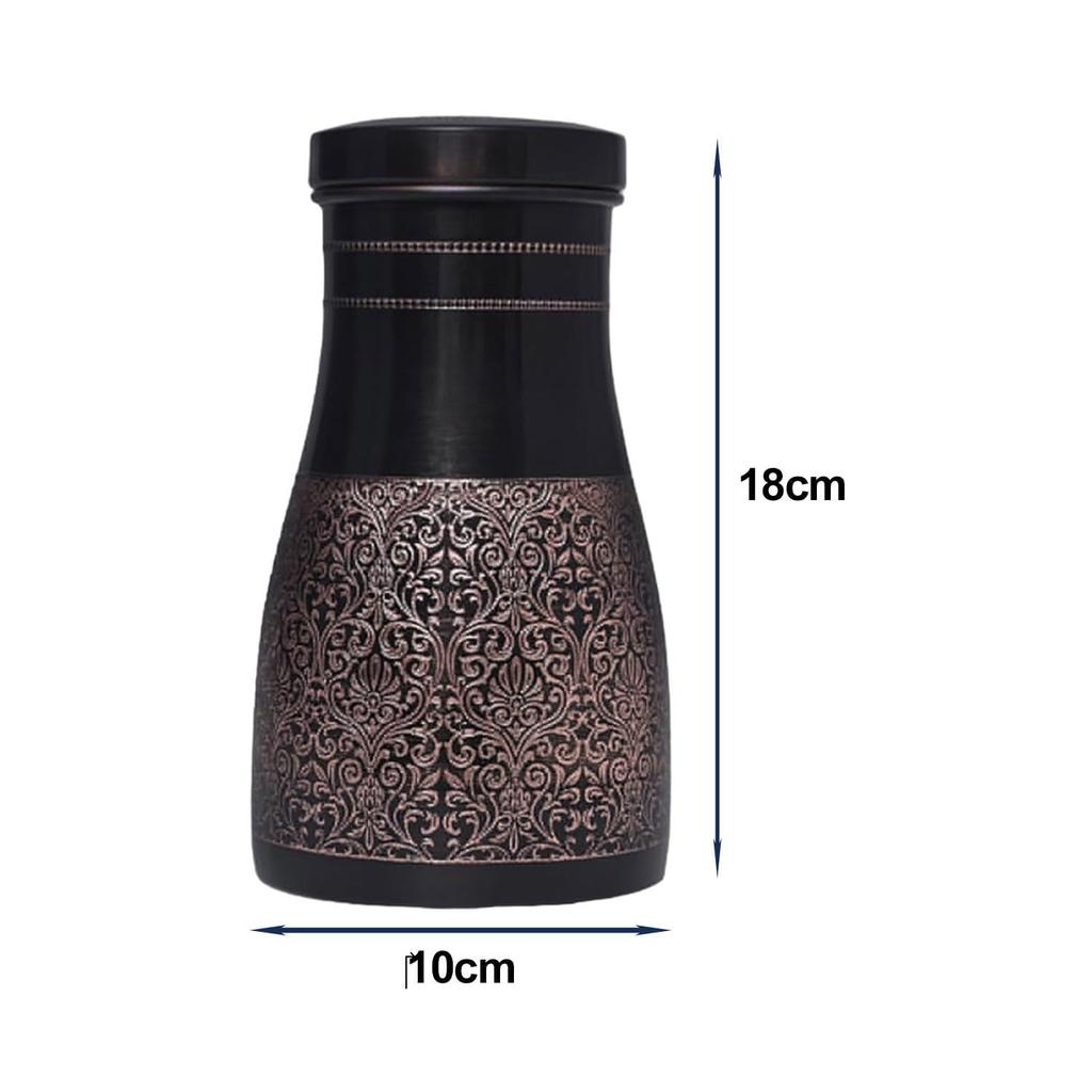 Copper Ayurvedic Water Bottle/Jar With In Build Glass Black Antique Glossy Finish Suitable For Home In Dining And Room. - 1000 Ml (Black Antique)