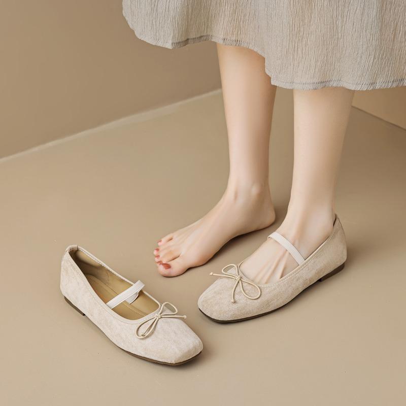 Square Head Single Shoes Women's Flat Retro One Word with Shallow Mouth Bow Ballet Shoes Soft Sole