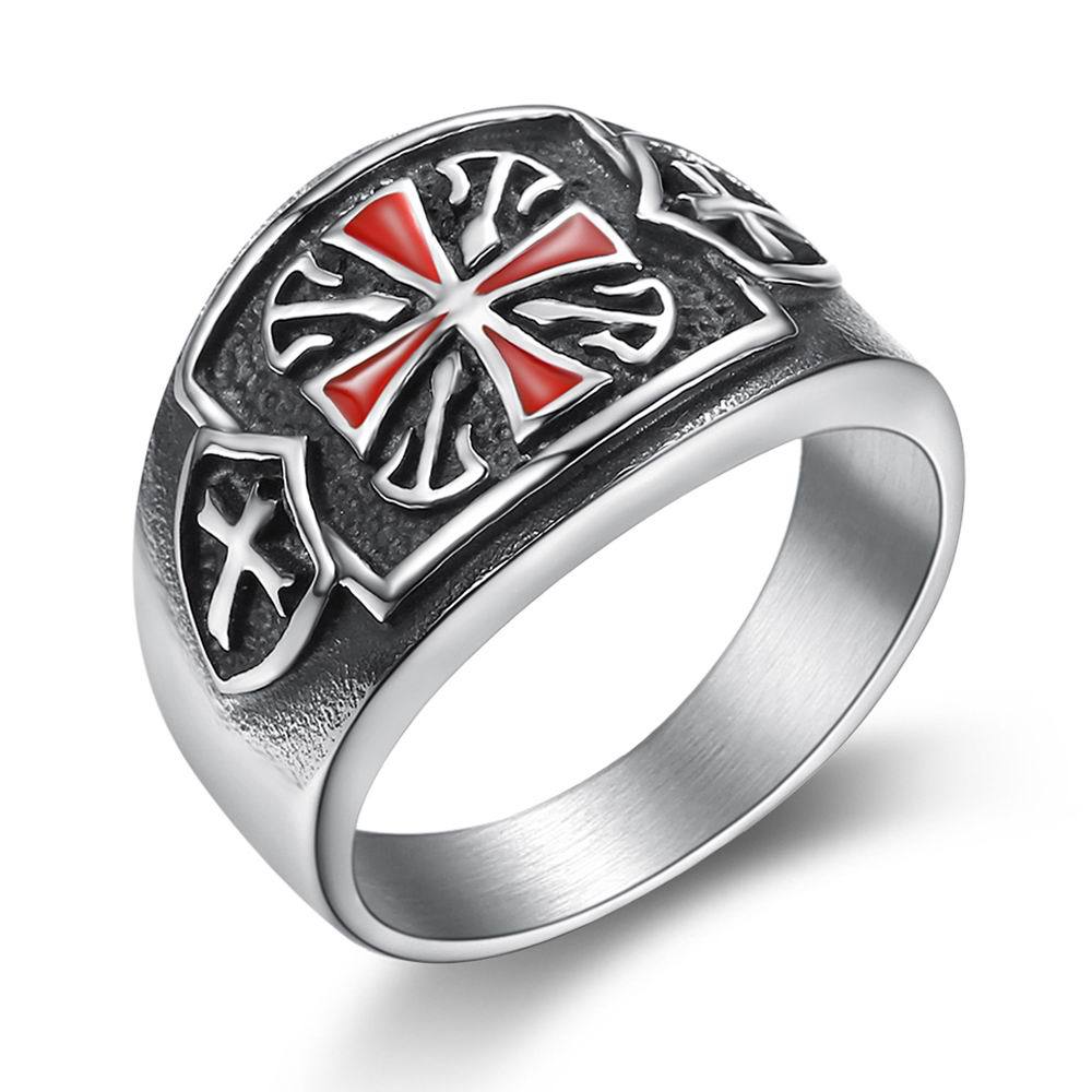 Drop Shipping US Size 7 - 14 Stainless Steel Red Armor Shield Knight Templar Crusade Cross Ring Medieval Signet Retro Vintage