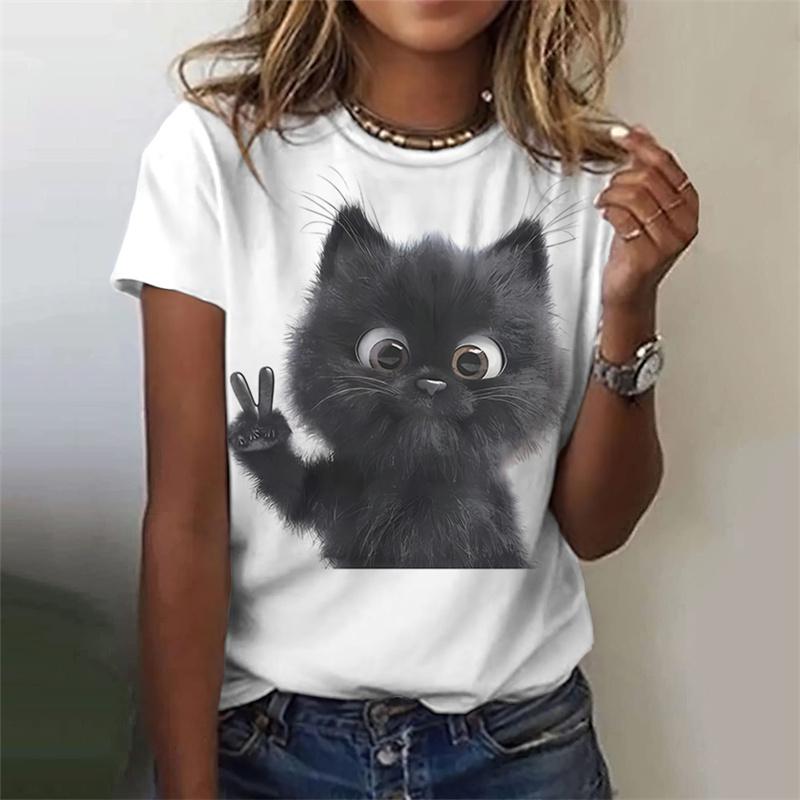 3D Printed Cute Animal T Shirt For Women Funny Cat Pattern Tees Summer Harajuku T-Shirts Round Neck Tops Loose Short Sleeves