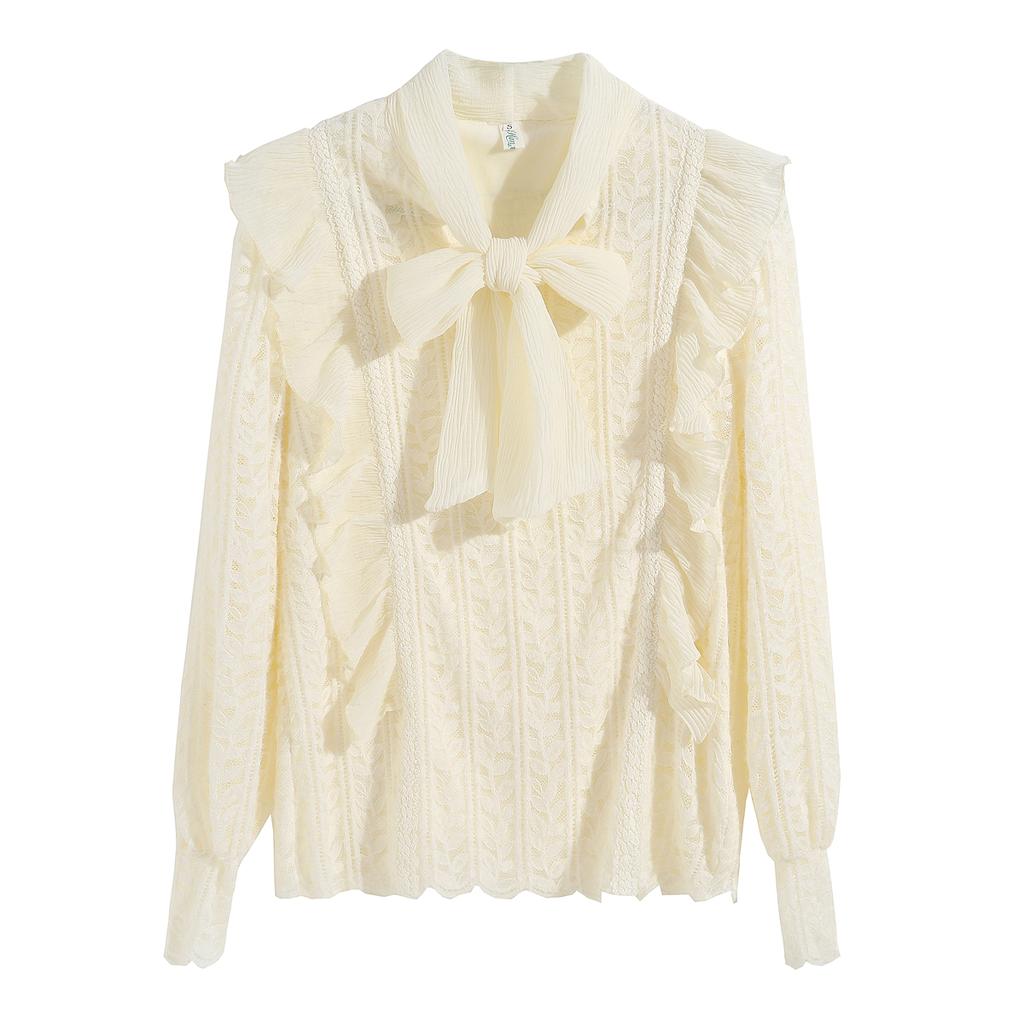 Autumn Winter Fashion New 2024 Long Sleeve Bow Collar Ruffles Velvet Lace Blouse Shirt Women Tops Blouses Shirts J757