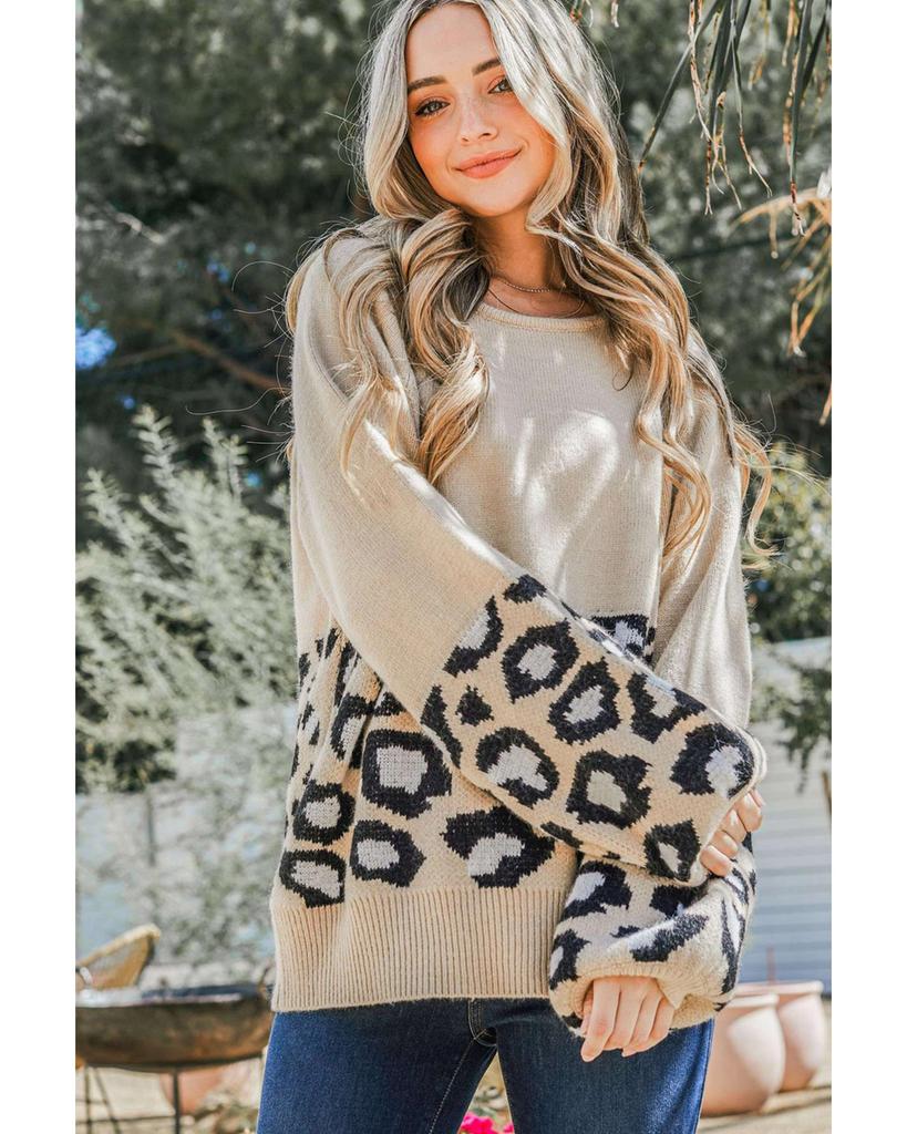 Azura Exchange Leopard Patchwork Knitted Puff Sleeve Sweater