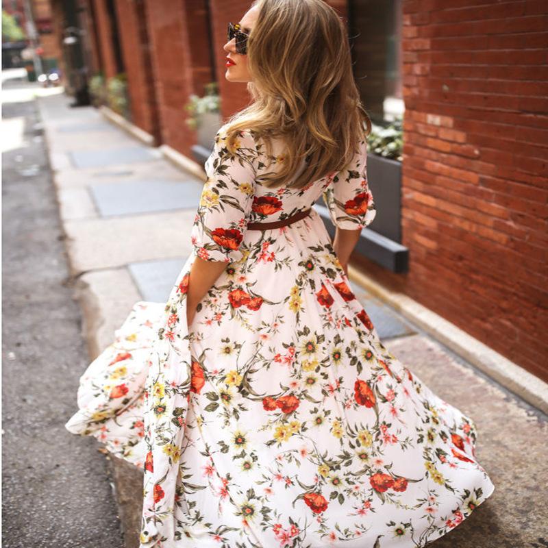 New Floral Print Long Dress Women Dresses Sexy Casual Beach Dress