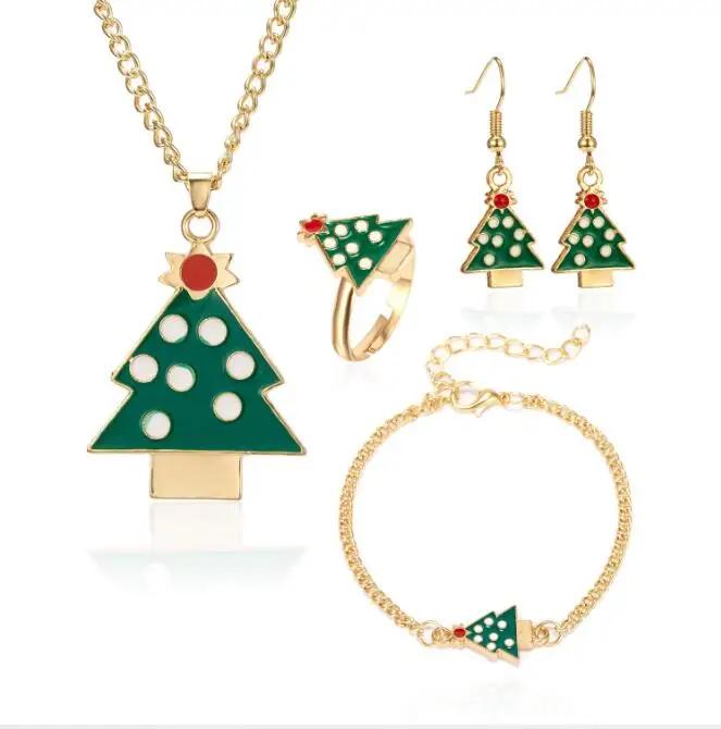 4pcs/set Christmas Necklace Earrings Bracelet Ring Four-piece Christmas Ornaments Xmas Gift Sjewerly Sets for Women