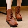 Square Toe Thick Heel Short Boots Genuine Leather Lace-up Women's Fashion Platform Boots