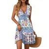 Women's Summer Dress V Neck Sleeveless Casual Textured Print Hem Pleated Dress