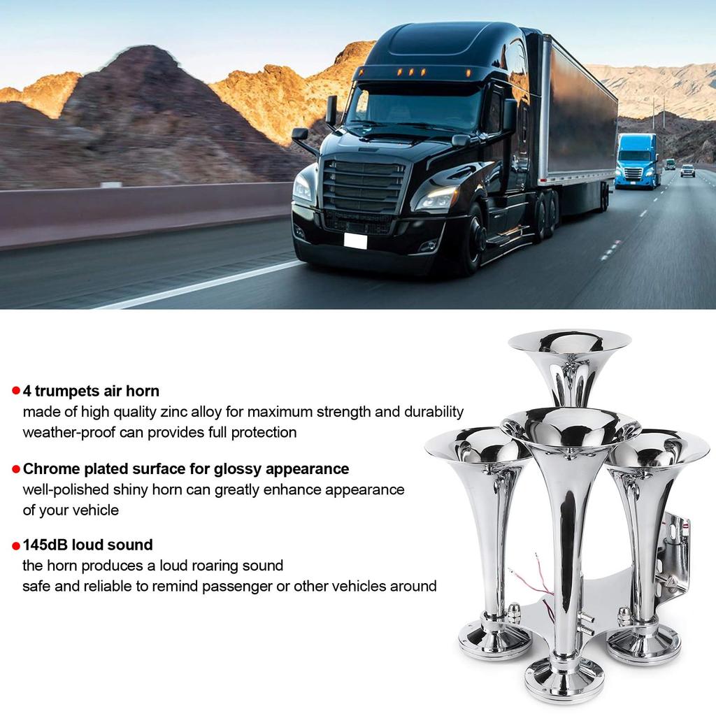Akozon145DB Train Air Horn Kit 4 Trumpets Loud Train Horn 160mmDia 120 PSI Air Compressor for Van Most 12V Vehicles Trucks, Cars, Boats,