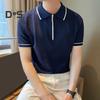 Men Summer Shirt Thin Knitted Short Sleeve Zippered Lapel Top Stretchy Hem Striped Solid Color Loose Shirt for Commuting Travel Outdoor
