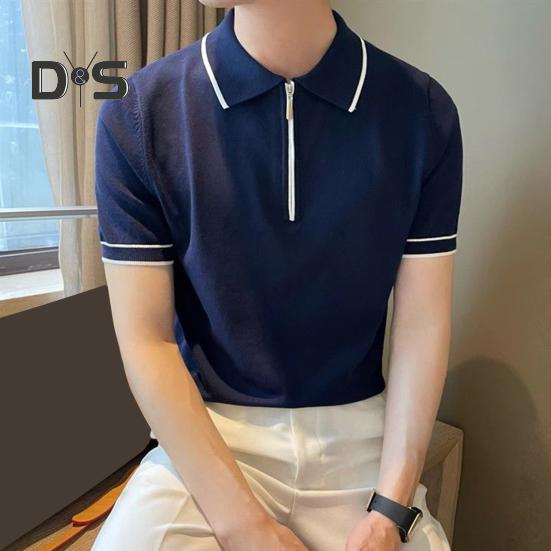 Men Summer Shirt Thin Knitted Short Sleeve Zippered Lapel Top Stretchy Hem Striped Solid Color Loose Shirt for Commuting Travel Outdoor