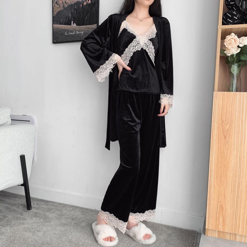 New Autumn Velvet 3PCS Pajamas Set Sleepwear Sexy Lace Trim Bath Robe Nightgown Loose Casual Velour Home Clothes Loungewear