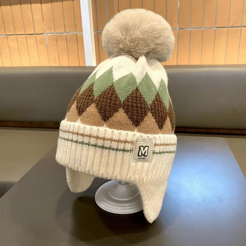 Winter Children's Warm Hats Autumn and Winter Boys and Girls Rhombus Windproof Ear Hats Baby Knitted Thickened Wool Hats