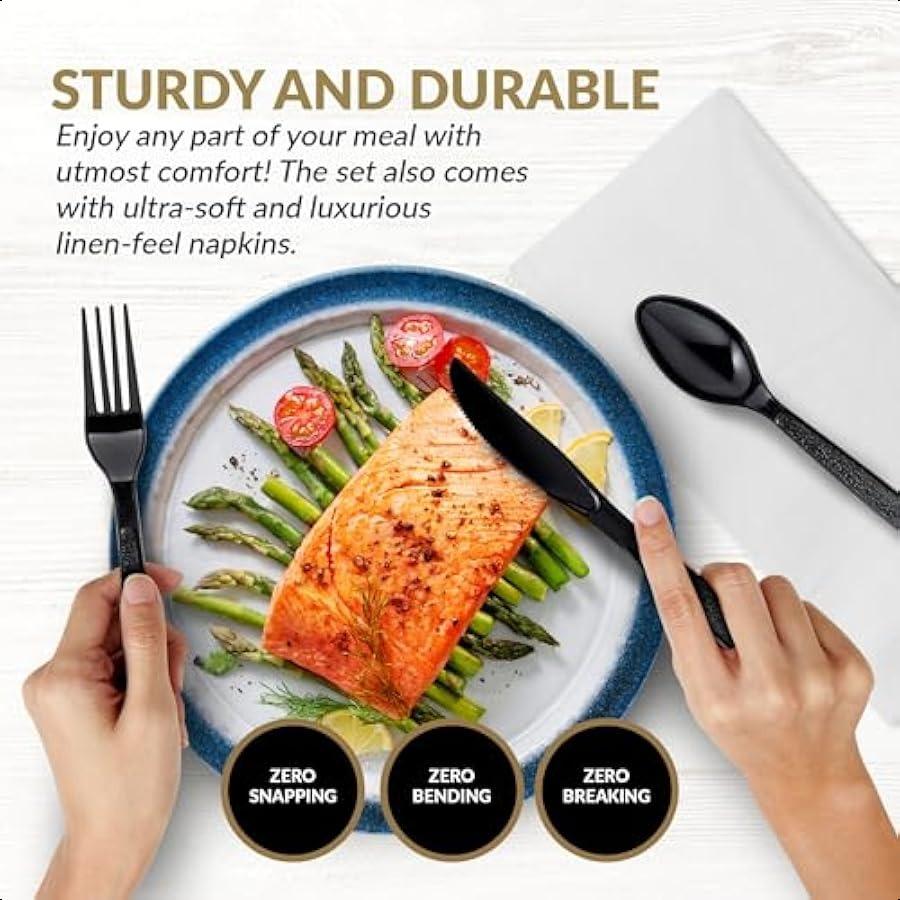 Premium Black Silverware Set With Knife Fork Teaspoon and Napkin 25 Sets HeavyDuty Fancy Disposable Cutlery Pack For Weddings a