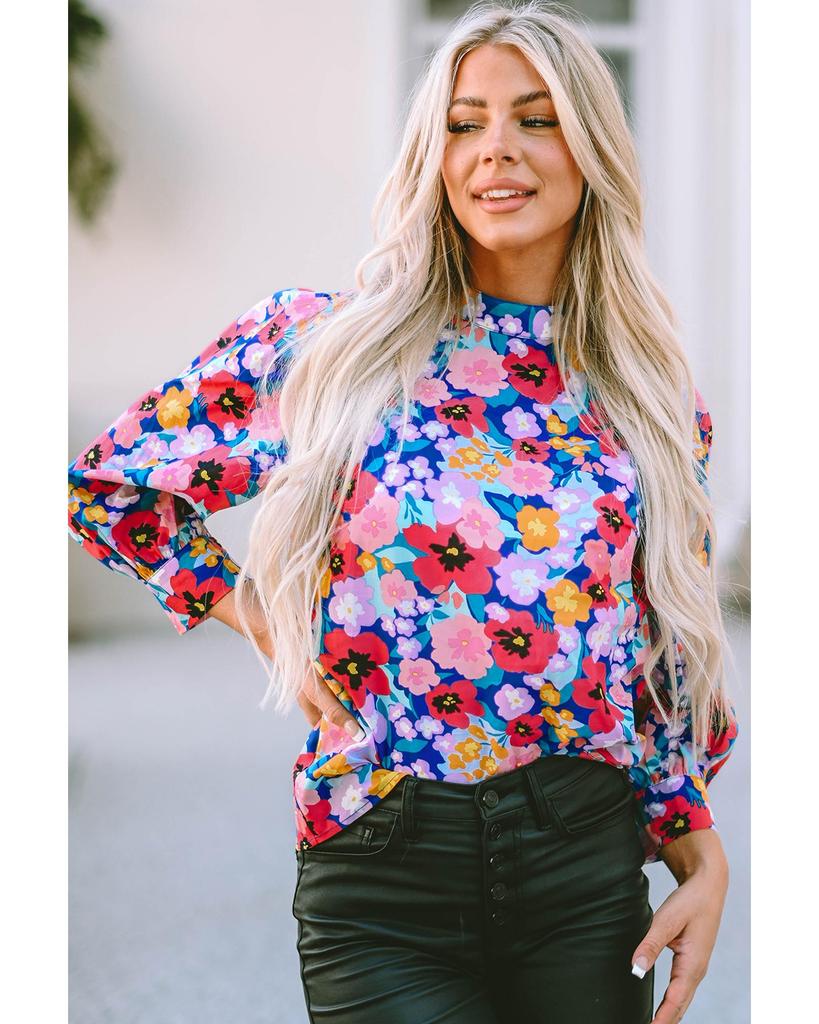 Azura Exchange Blue Mock Neck Bubble Sleeve Floral Print Blouse
