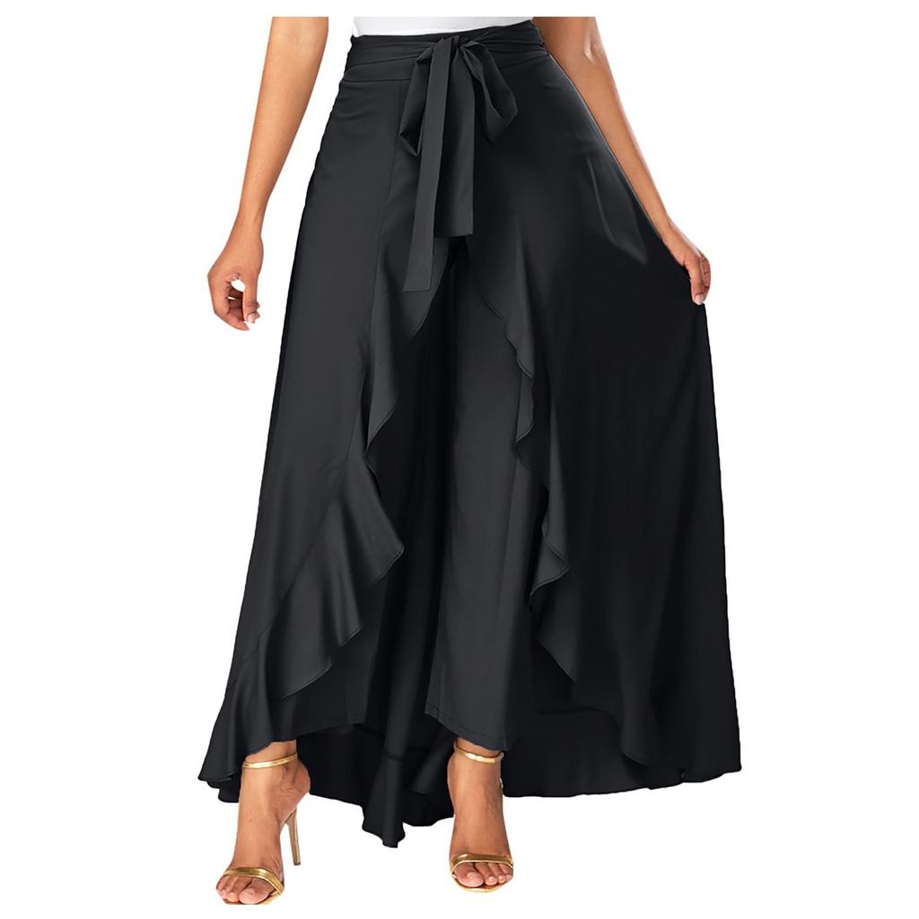 Ladies Casual Double Layer Wide Leg Culottes Irregular Ruffle  Long Pants