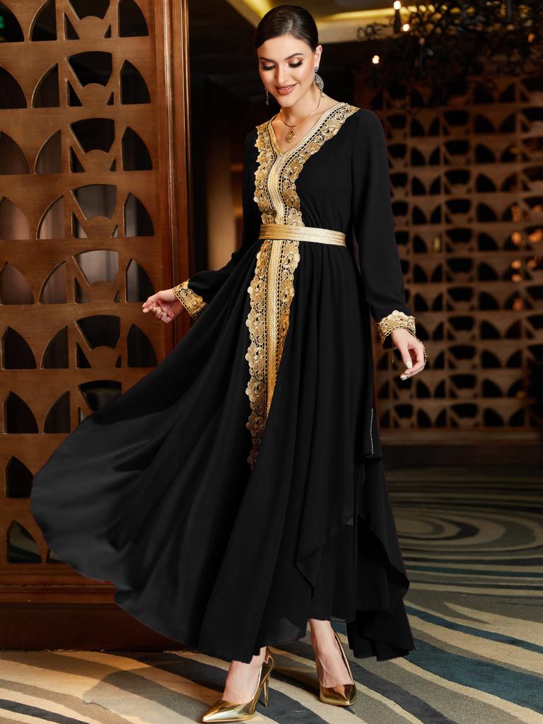 New V-neck Double-layer Chiffon Irregular Dress Stitching Lace Middle East Saudi Arabian Women's Clothing