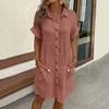 Summer Women Dress Turn-down Collar Single-breasted Loose Solid Color Cardigan Short Sleeves Buttons Side Pocket Knee Length Casual Lady Midi Dress