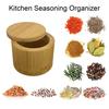 Bamboo Seasoning Storage Box with Magnetic Swivel Lid Wooden Salt Cellar Pepper Sugar Spice Holder Round Container Bowl Kitchen Gadgets
