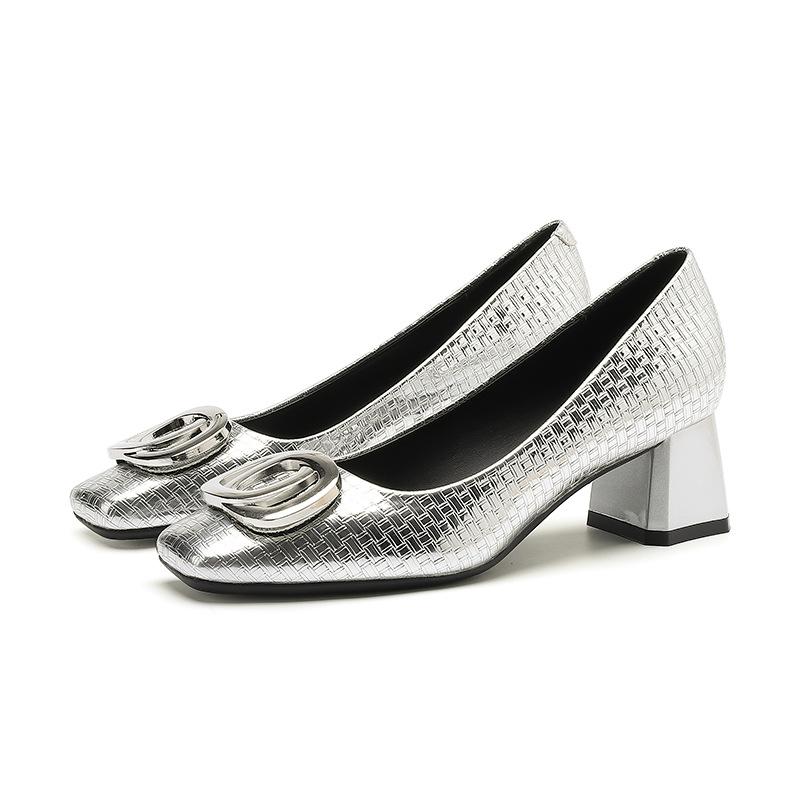 99 Sexy Sequined Square Head Thick Heel Single Shoes for Women's Autumn New Light Mouth Middle Heel Work Single Shoes for Women