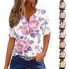 Women's Fashion Casual Vintage Floral Print V-Neck Short Sleeve Decorative Button T-Shirt Tops