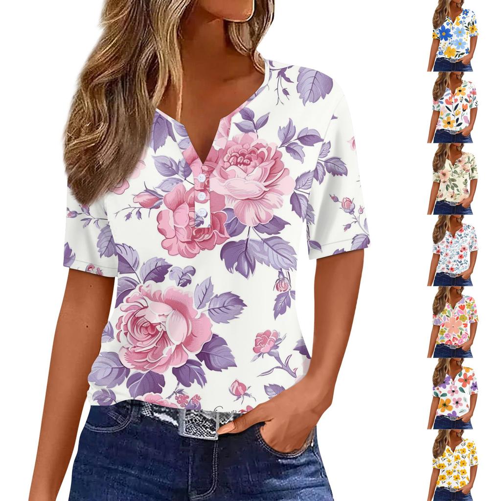 Women's Fashion Casual Vintage Floral Print V-Neck Short Sleeve Decorative Button T-Shirt Tops