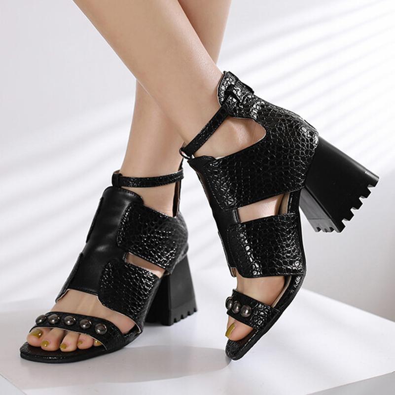 FOREADA Women Sandals Thick High Heels Round Toe Rivets Zipper Fashion Party Summer Shoes Black Brown Blue White 33-46