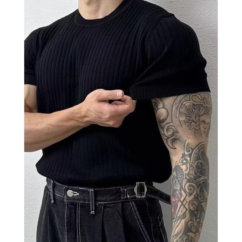 Men's Summer Korean Style Slim Fit Knitted Polo Shirt - Short-Sleeve, Solid Color, Ice Silk, Turn-Down Collar