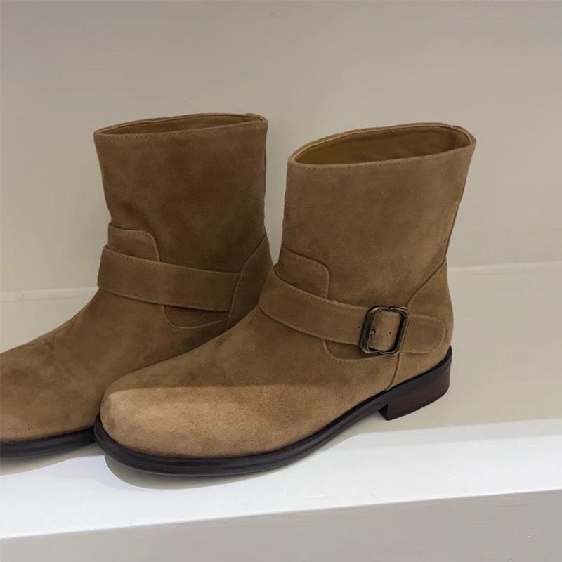 Sheepskin Version~ Retro Suede Matte Round Head Thick Heel Belt Buckle Short Boots Women's 2025 Western Cowboy Boots Martin Boots