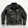 Men's Casual Lapel Leather Motorcycle Jacket with Multiple Pockets - Full Grain Cowhide
