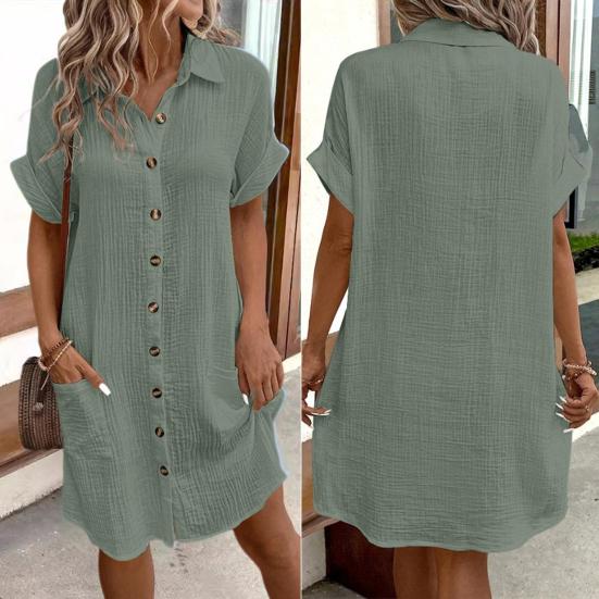 Summer Women Dress Turn-down Collar Single-breasted Loose Short Sleeves Loose Solid Color Patch Pocket Knee Length Commute Leisure Midi Dress