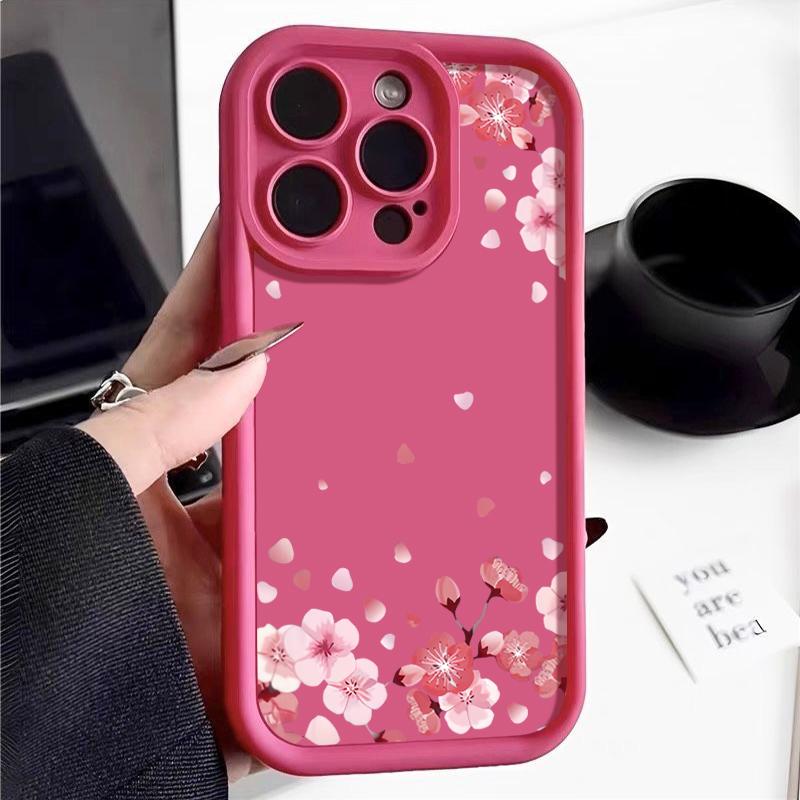 Soft TPU Silicone Phone Case For iPhone 15 16 14 Pro Max 11 12 13 Pro 16E XR 15 Plus Pink Peach Blossom Pattern Shockproof Cover