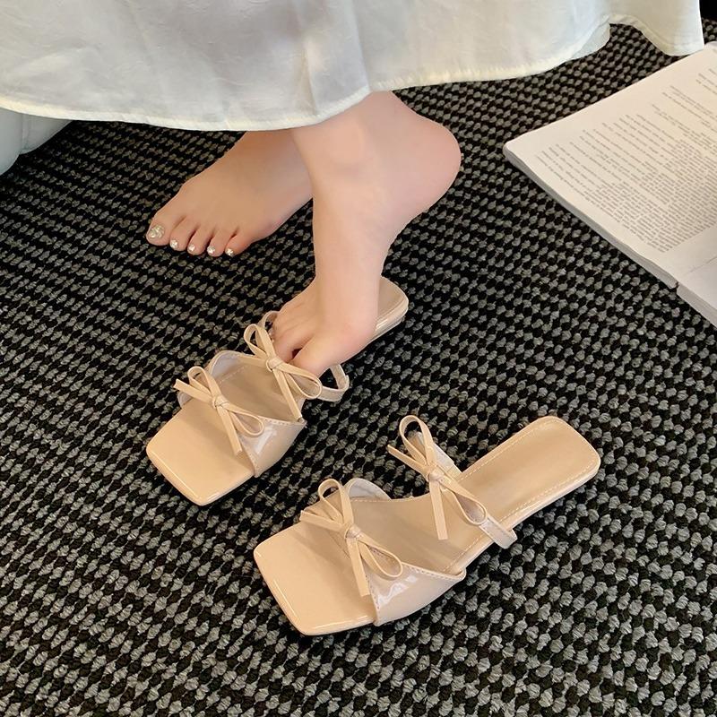 Fashion Temperament Low Heel Slippers Summer New Square Toe Open Toe Bow Breathable Slip Soft Slip Cool Mopping