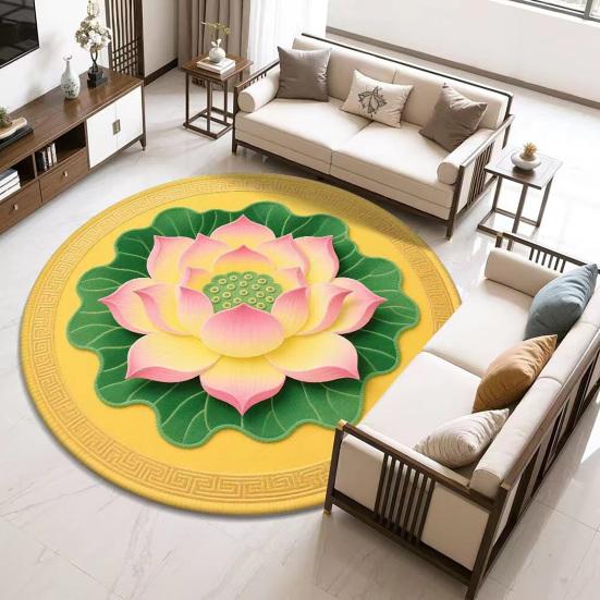 Yousheng Lotus Flower Floor Mat Round Living Room Rug Lotus Pattern Carpet with Non-Slip Backing for Home Office Bedroom Kitchen
