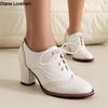 Women Pumps Round Toe Thick High Heels Platform Brogue Student Carved Retro Lace-Up Classic Spring Office Lady Lace Up Shoe