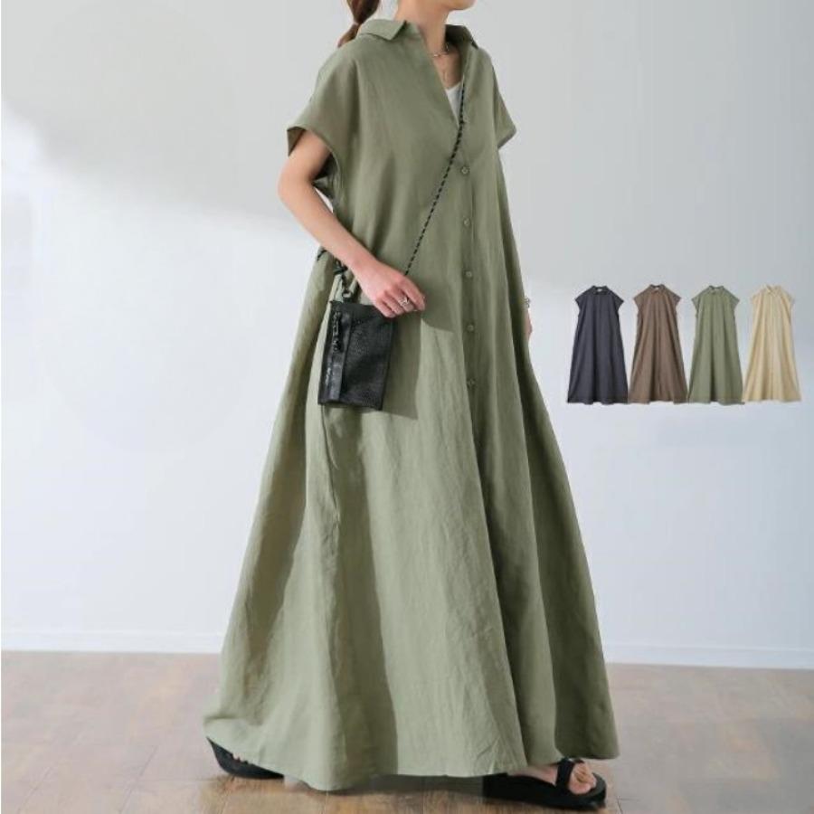 Single Breasted Short Sleeve Cotton Linen Shirt Dress Women's Loose Lapel Solid Casual Maxi Dresses