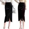 Women Midi Skirt High Waist Irregular Front Slit Design Golden Velvet Skirt Solid Color Design Leg-shaping Skirt