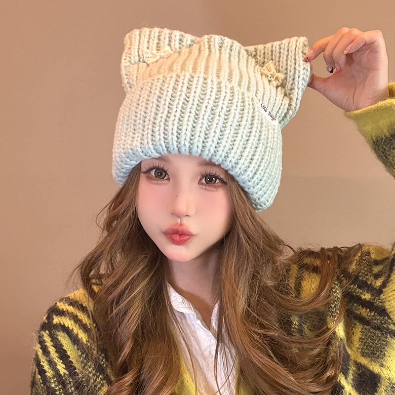 Korean Bow Hat Women's Cute Cat Ear Knitted Hat Outdoor Warm Versatile Wool Hat Student Pullover Cold Hat
